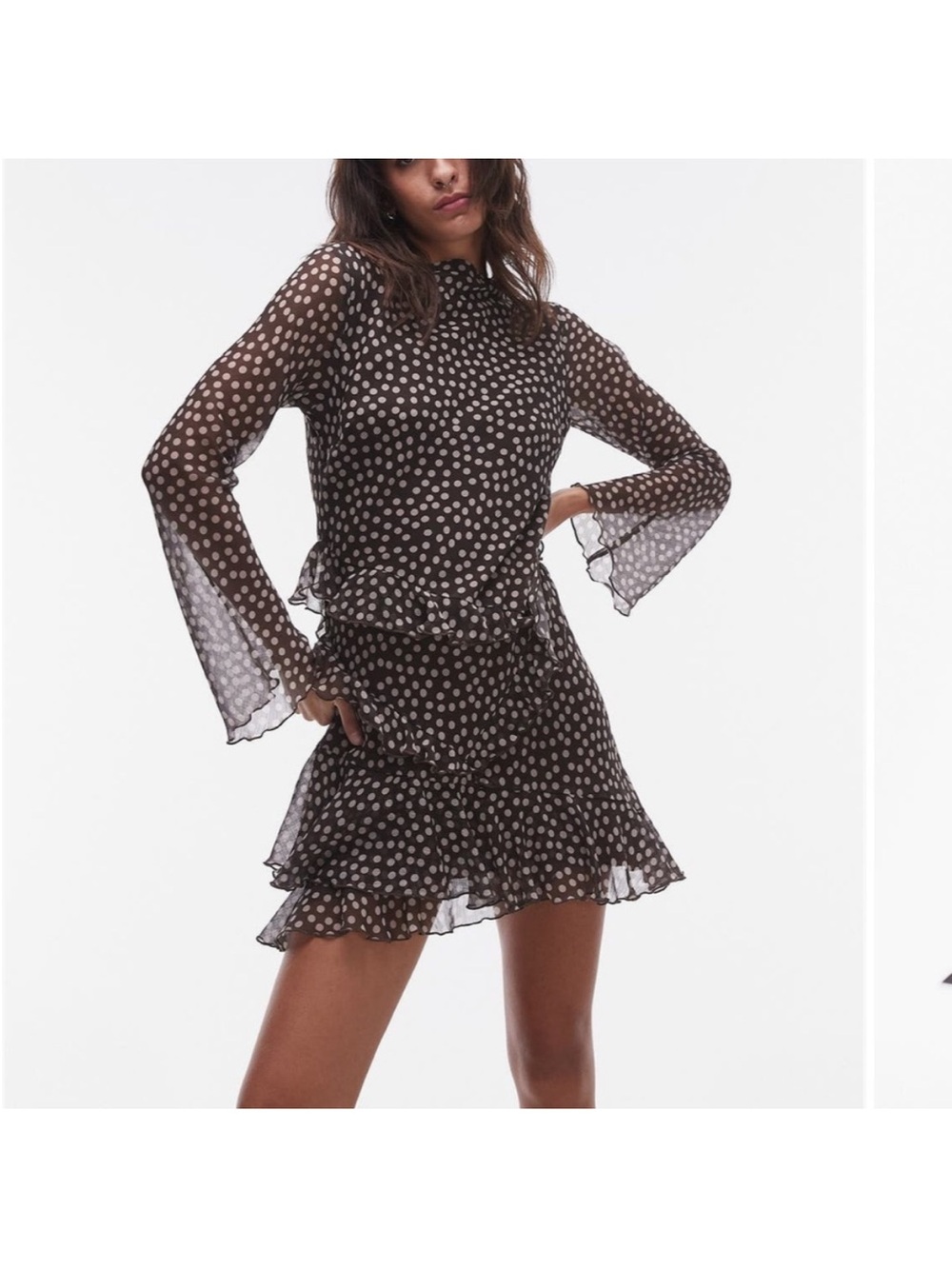 TOPSHOP Brown Polka Dot Ruffle Long Sleeve Chiffon Mini Dress